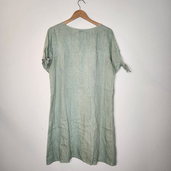 Terzo Millennio Womens Large Green 100% Linen Dress Tie Sleeves - Picture 8 of 8